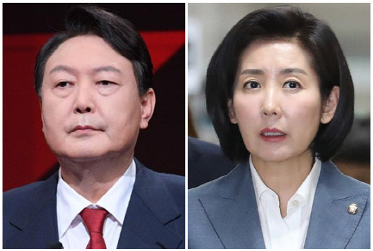 윤석열(왼쪽) 국민의힘 대선 후보와 나경원 국민의힘 총괄선대본부장. <연합뉴스>